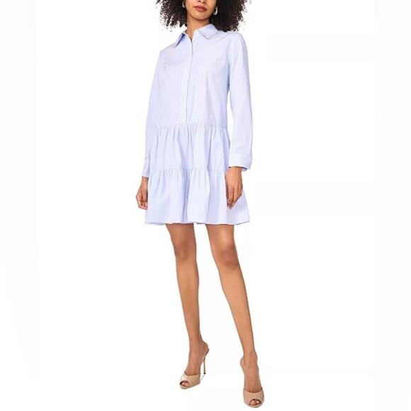 1.STATE Women's Embellished-Collar Tiered Cotton Dress Windward Blue Sz L - Picture 3 of 11